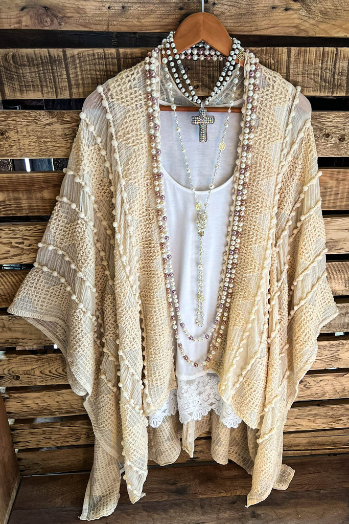 GENUINE SOUL SOFT BOHO EMBELLISHED KIMONO IN BEIGE
