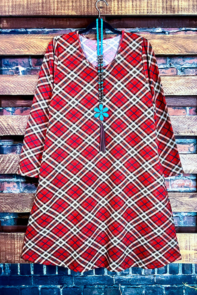 WALK THE LINE PLAID SWEATER DRESS LONG SLEEVE IN RED---------------sale