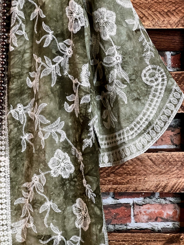 Le Bohemian Magic Dance Tie Dye & Embroidered Kimono in Olive