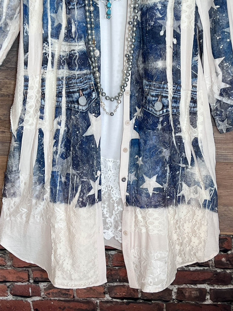 Queen Of Stars Comfort Lace Shirt Jacket In Beige & Blue Denim