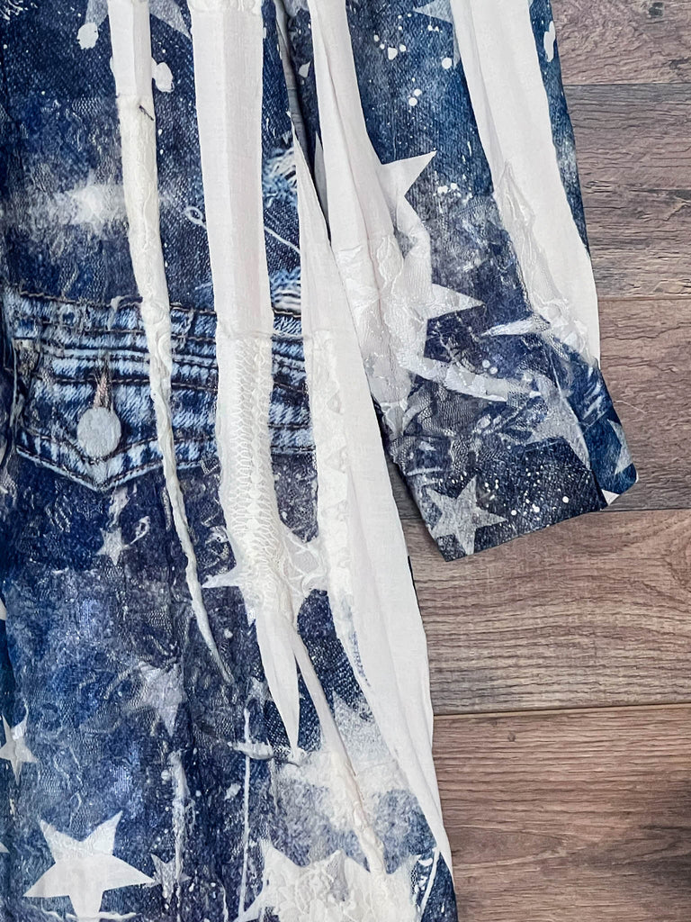 All of the Stars Fab Lace Shirt Dress Jacket In Beige & Navy Denim