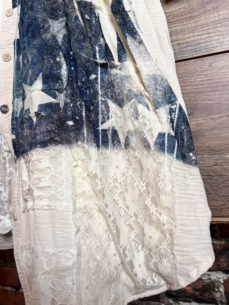 All of the Stars Fab Lace Shirt Dress Jacket In Beige & Navy Denim