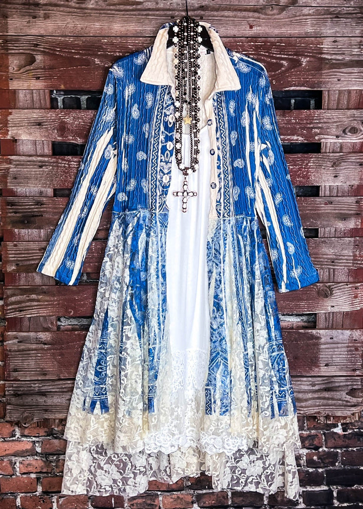 INDIGO MOON FAB PAISLEYS LACE CARDIGAN LONG JACKET BLUE ROYAL