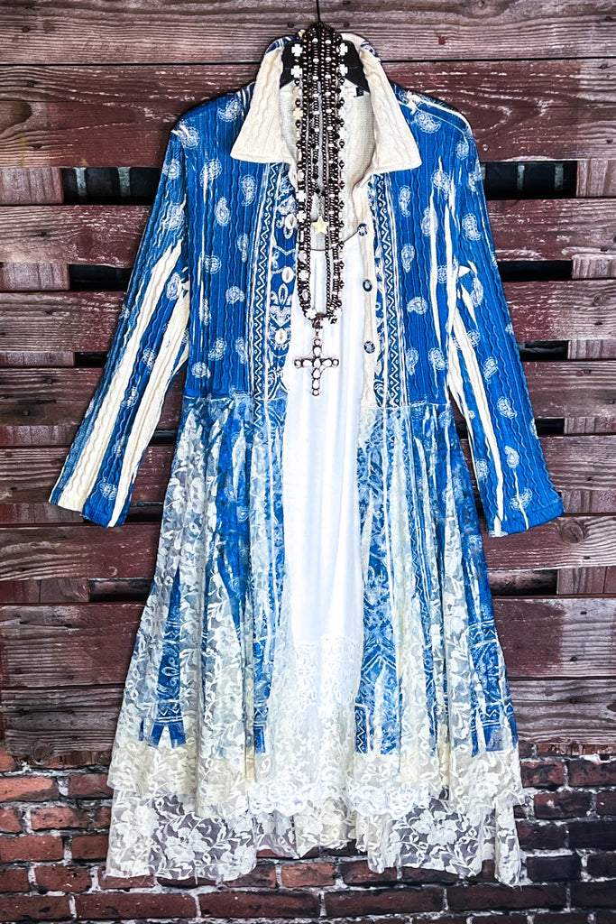 INDIGO MOON FAB PAISLEYS LACE CARDIGAN LONG JACKET BLUE ROYAL