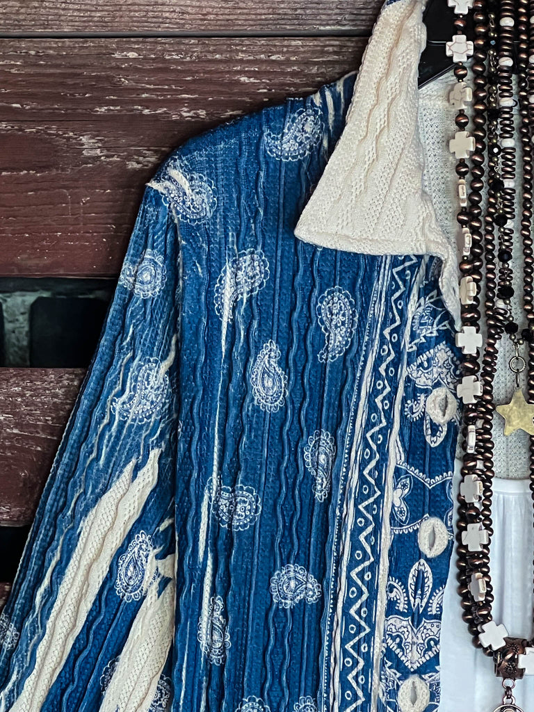 INDIGO MOON FAB PAISLEYS LACE CARDIGAN LONG JACKET BLUE ROYAL