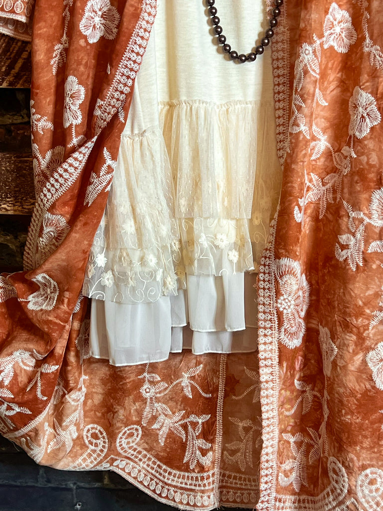 Le Bohemian Magic Dance Rust Beige Tie Dye Embroidered Kimono