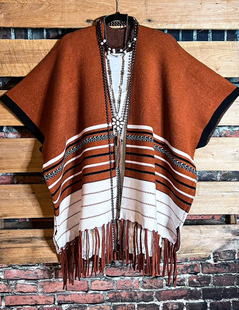 Everything You Need Luxe Cardigan Ruana Fringed In Rust Brown