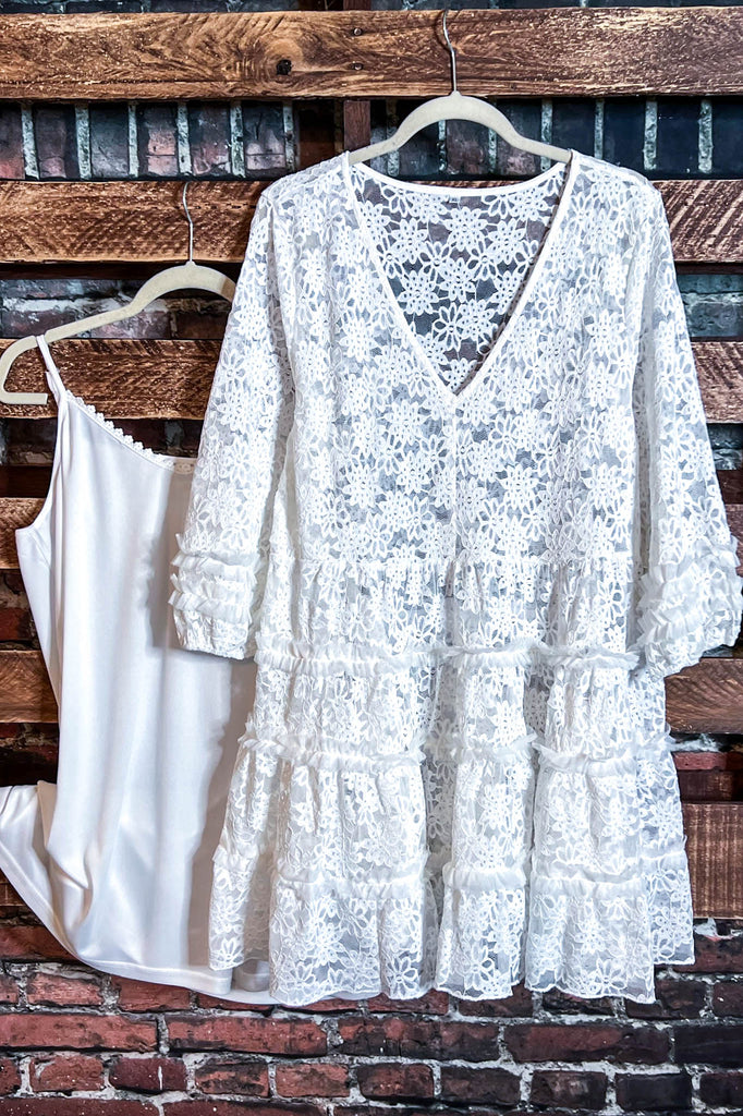 Young At Heart Timeless Pretty Lace 2Pcs Set 3Q Sleeve in White