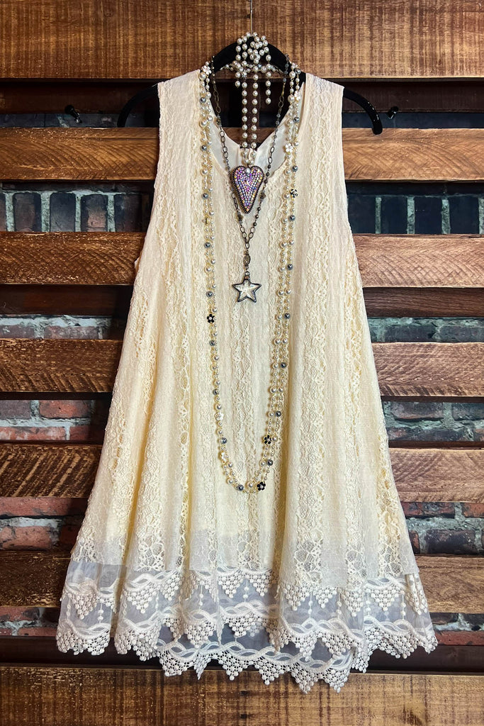 LOST IN LOVE BEIGE LACE TUNIC DRESS