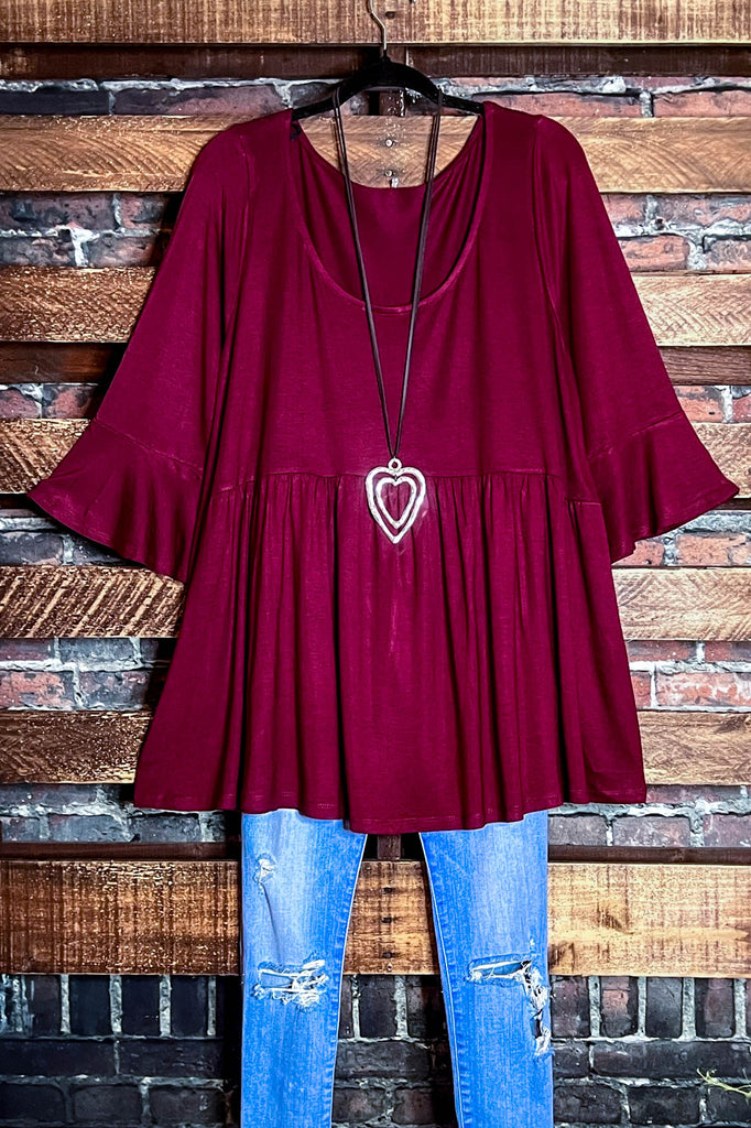 JUST RELAX CASUAL COMFY BABYDOLL TOP IN BURGUNDY