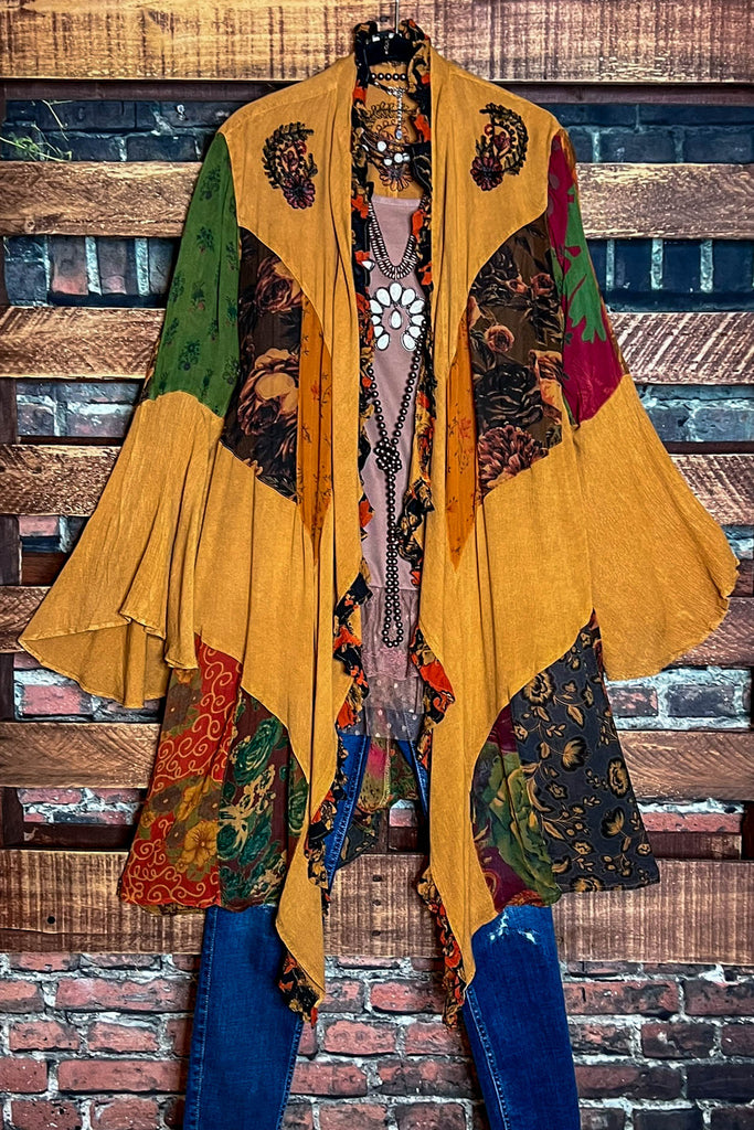 MAGIC OF NEW BEGINNINGS PEASANT KIMONO IN CAMEL & MULTI-COLOR
