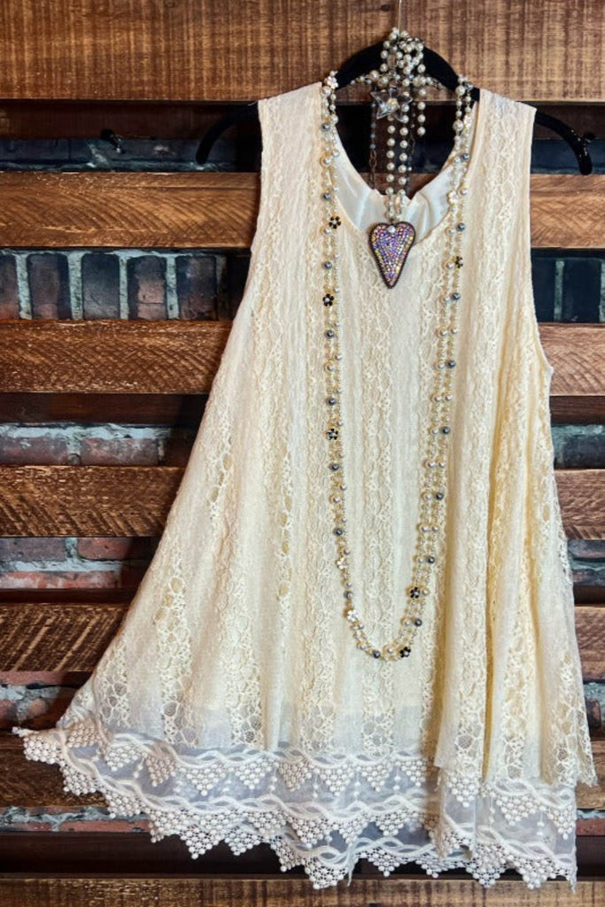 LOST IN LOVE BEIGE LACE TUNIC DRESS