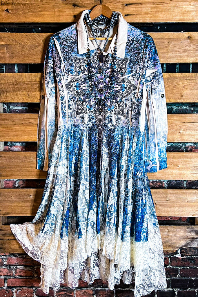 MAGIC OF CHOOSING JOY LACE & SUEDE SHIRT DRESS JACKET IN NAVY BLUE