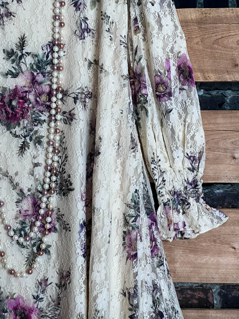 LIKE AN ENCHANTED DREAM FAB FLORAL DRESS-TUNIC IN BEIGE & MULTI-COLOR