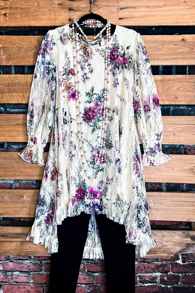 LIKE AN ENCHANTED DREAM FAB FLORAL DRESS-TUNIC IN BEIGE & MULTI-COLOR