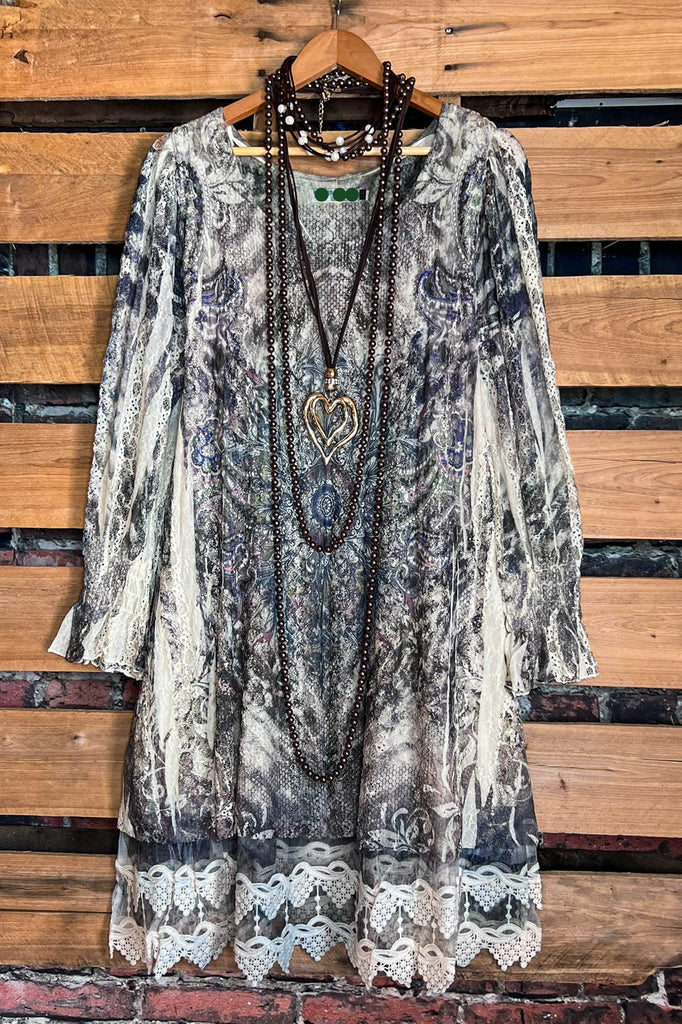 EVENING GARDEN DRESS-TUNIC IN BROWN & OLIVE MULTI-COLOR