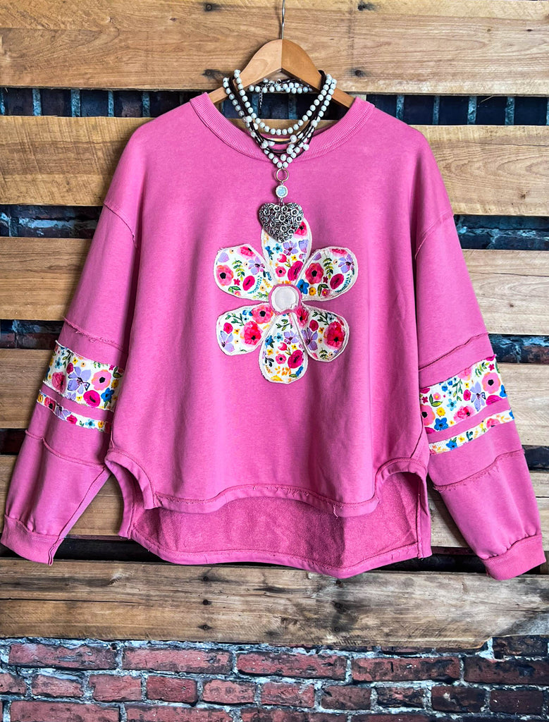 LET LOVE BLOSSOM BOHO COMFY SOFT SWEATSHIRT IN PINK ROSE