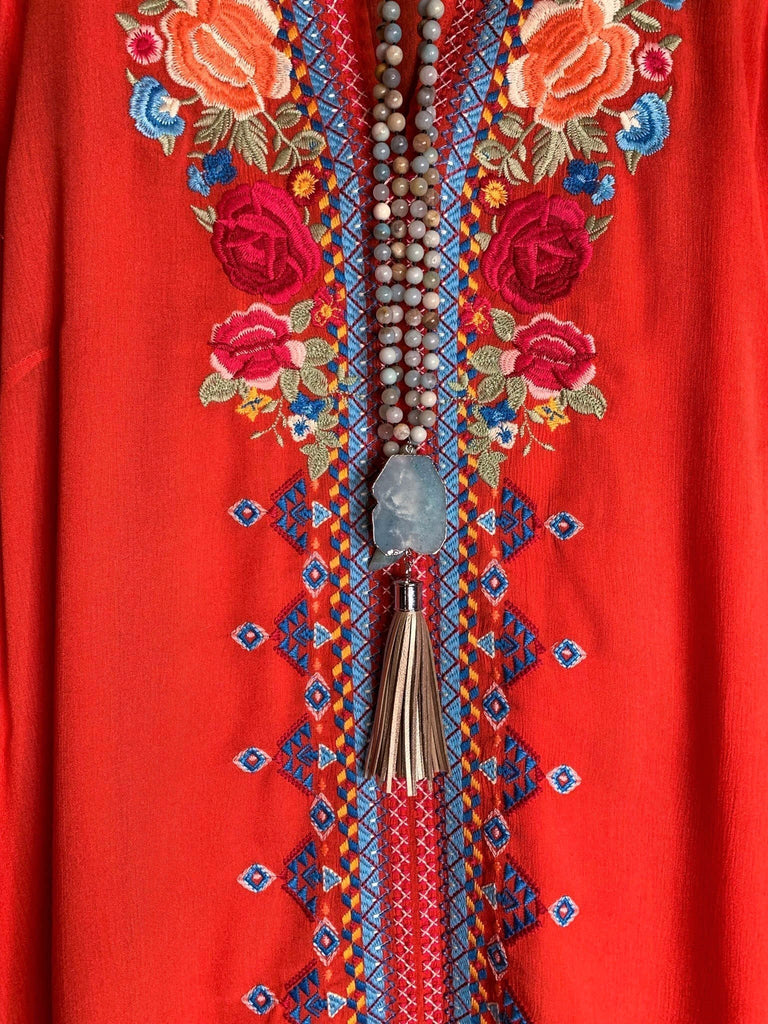 PASSIONATE HEART EMBROIDERED FLORAL TOP IN RED TOMATO