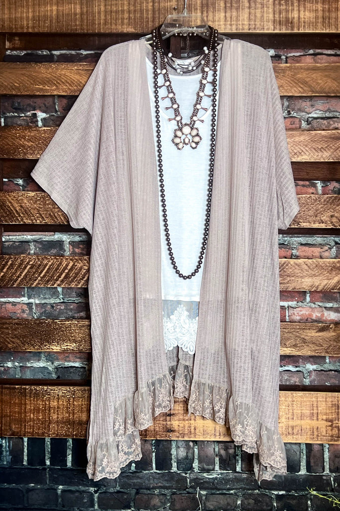 ALWAYS PRETTY LACE RUFFLE TAUPE KIMONO CARDIGAN 18-24 SIZE-----SALE