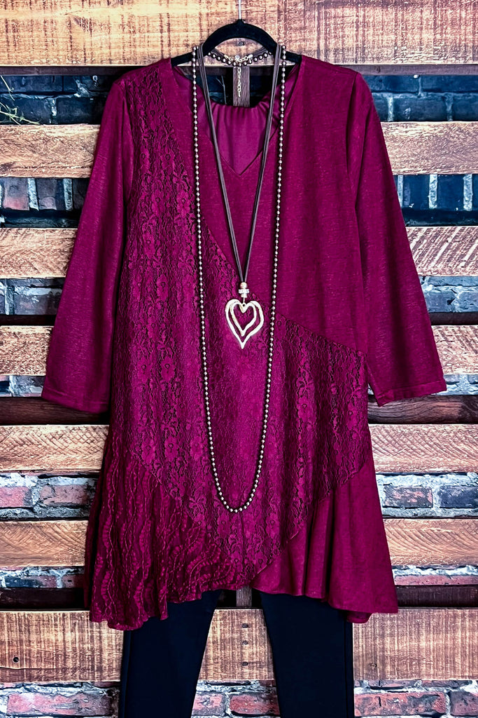 I'M ETERNALLY YOURS BURGUNDY LACE EMBELLISHED DRESS TUNIC