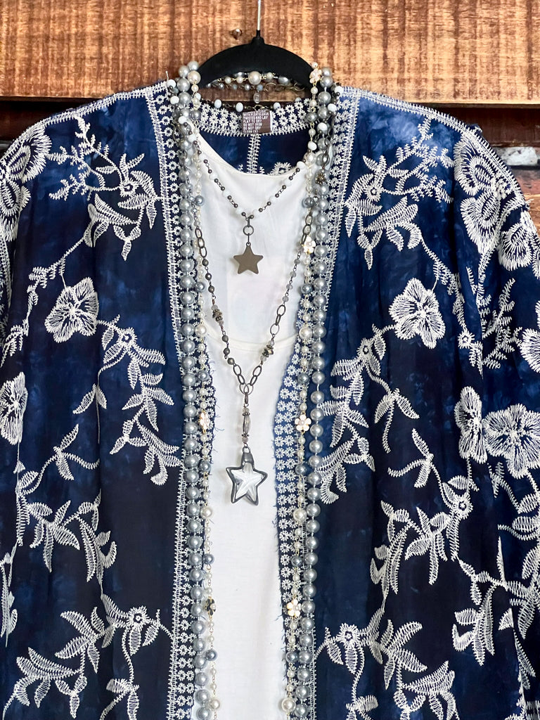 Le Bohemian Magic Dance Tie Dye & Embroidered Kimono in Navy Blue
