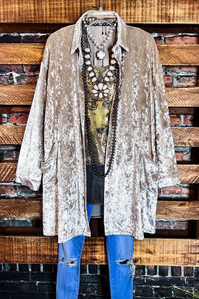 STUNNING CLASSIC TAUPE VELVET JACKET WITH PATCHED POCKETS