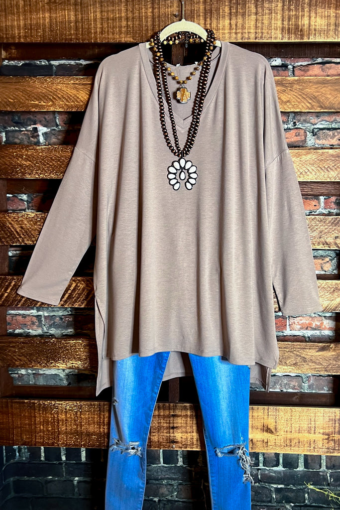 FOREVER PERFECTLY SIMPLE & OVERSIZED T-TUNIC IN ASH MOCHA------SALE