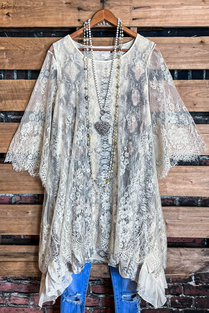 Made You Look Lace Sheer Tunic in Beige