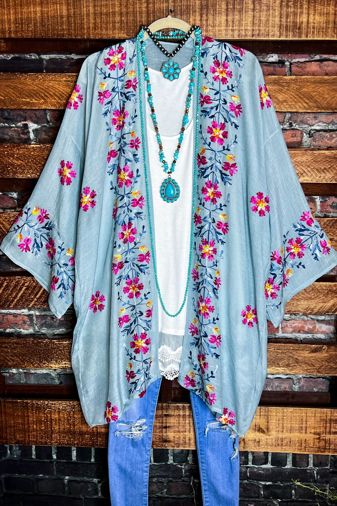 IT'S LOVE AT FIRST SIGHT SAGE FLORAL EMBROIDERED KIMONO