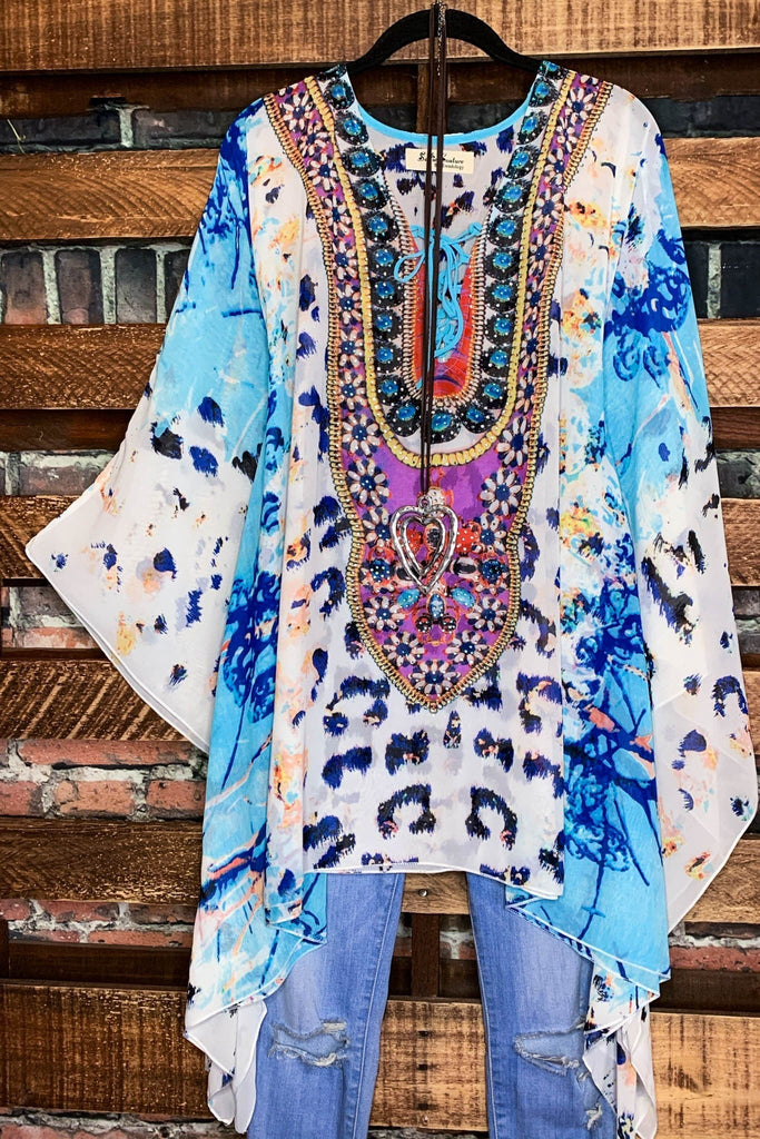 AS CHARMING AS EVER ANIMAL PRINT & CRYSTAL STYLISH TUNIC IN AQUA BLUE