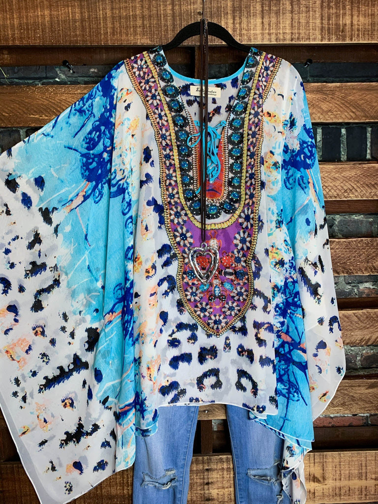 AS CHARMING AS EVER ANIMAL PRINT & CRYSTAL STYLISH TUNIC IN AQUA BLUE