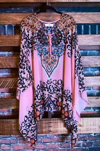 A FAIRYTALE STORY LACE TUNIC LAYERED IN BEIGE TAUPE BROWN