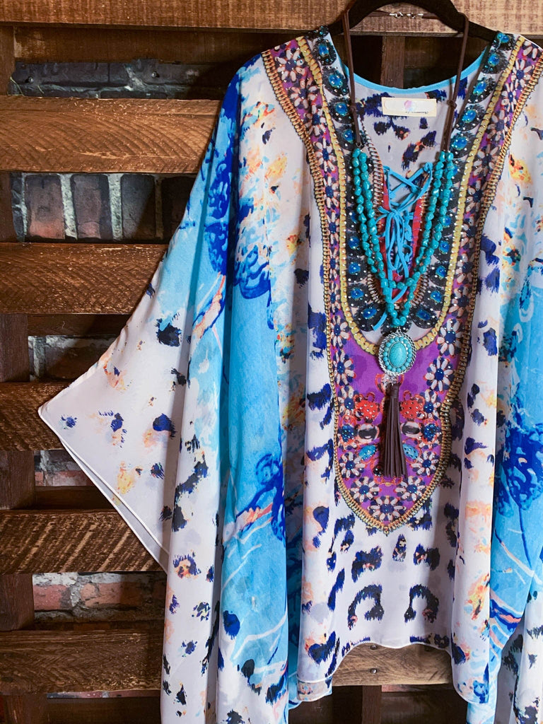 AS CHARMING AS EVER ANIMAL PRINT & CRYSTAL STYLISH TUNIC IN AQUA BLUE