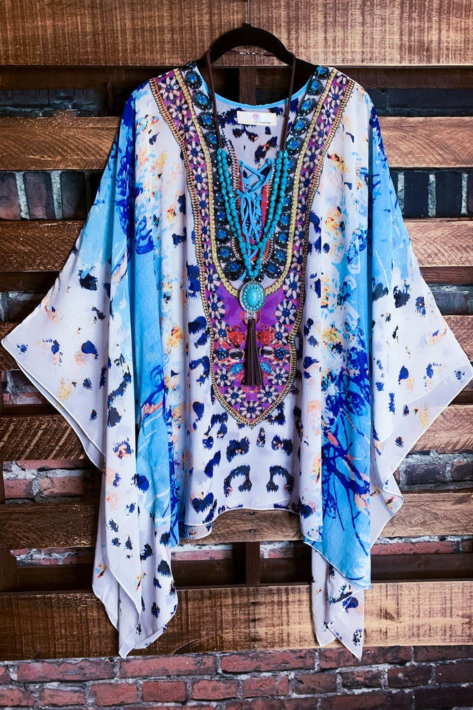 AS CHARMING AS EVER ANIMAL PRINT & CRYSTAL STYLISH TUNIC IN AQUA BLUE