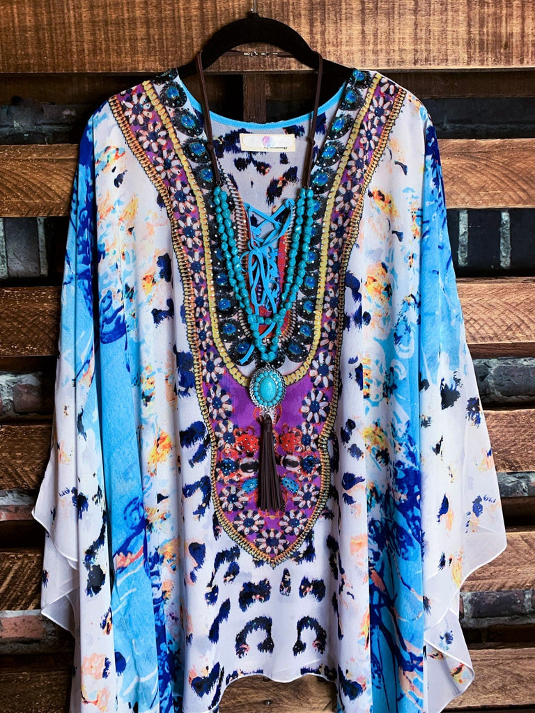 AS CHARMING AS EVER ANIMAL PRINT & CRYSTAL STYLISH TUNIC IN AQUA BLUE