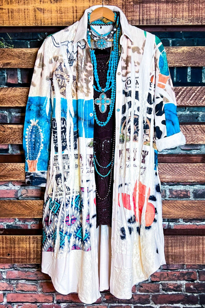 Boho Western Fab Embellished Lace Long Jacket in Multi-Color