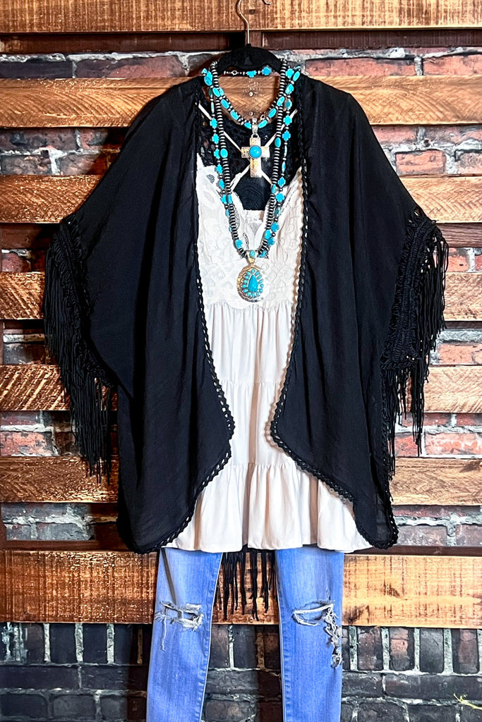 LIVING FREE BOHO CROCHET FRINGE BLACK KIMONO