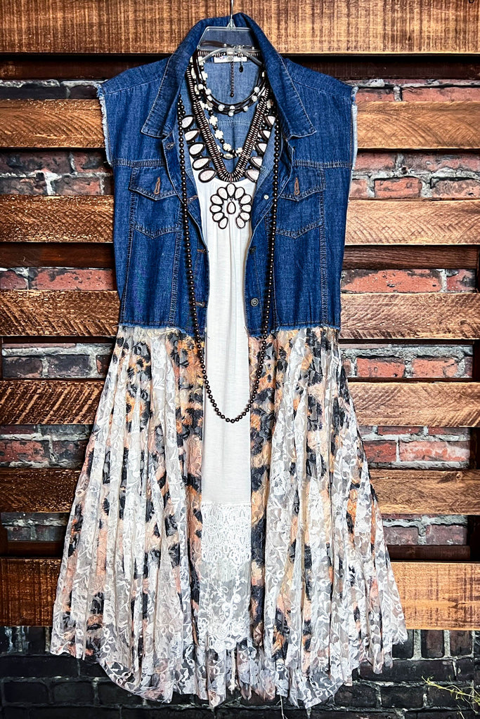NEVER OUT OF STYLE LEOPARD LACE & SHABBY DENIM VEST