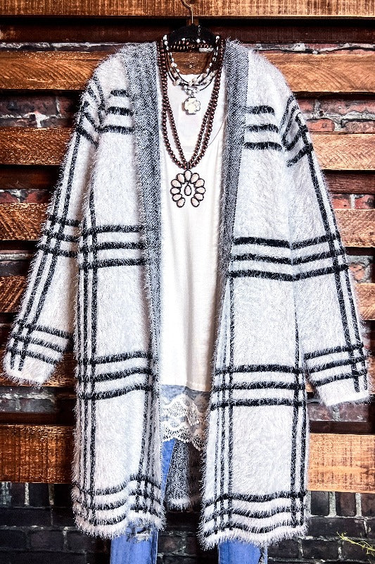 PLAID SWEATER CARDIGAN S-3X IN IVORY ---------SALE