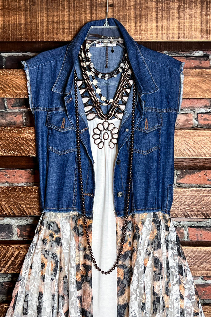 NEVER OUT OF STYLE LEOPARD LACE & SHABBY DENIM VEST