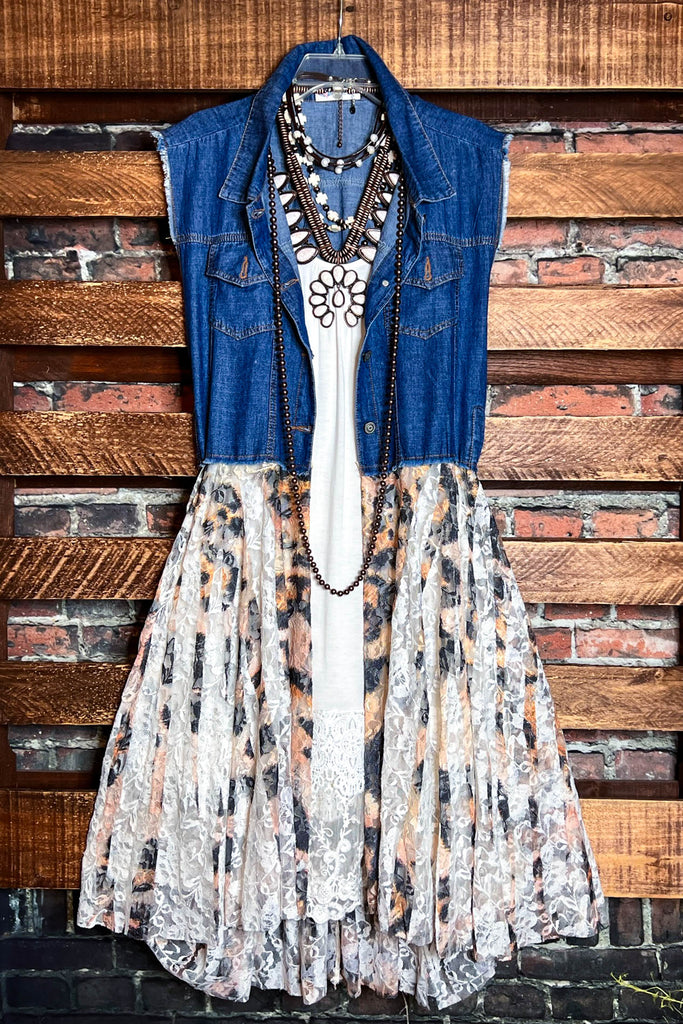 NEVER OUT OF STYLE LEOPARD LACE & SHABBY DENIM VEST