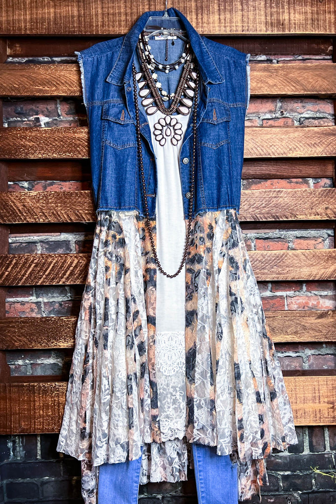NEVER OUT OF STYLE LEOPARD LACE & SHABBY DENIM VEST
