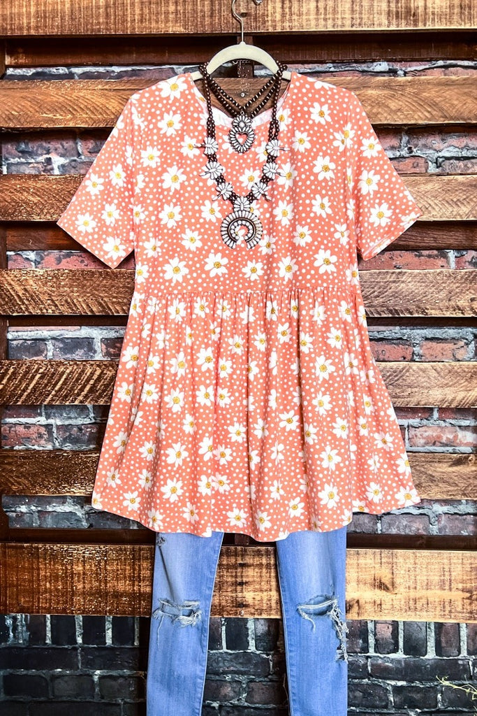 DAISY BLOOMS BABYDOLL TOP IN CORAL BLUSH & FLORAL