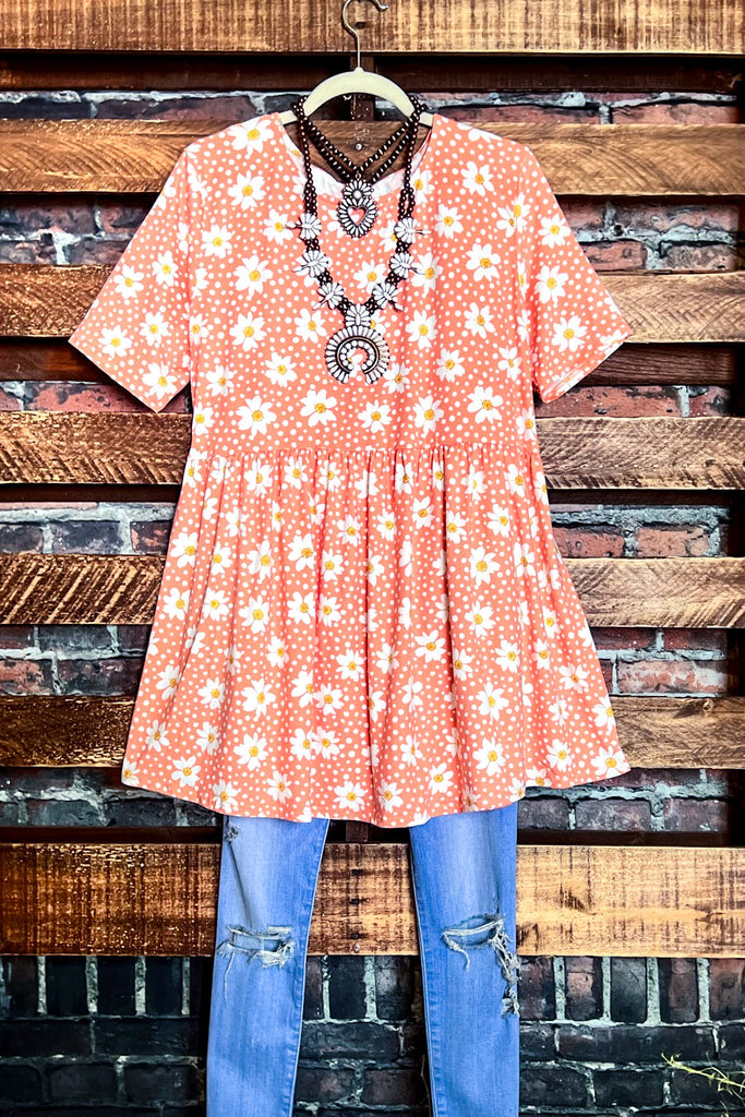DAISY BLOOMS BABYDOLL TOP IN CORAL BLUSH & FLORAL
