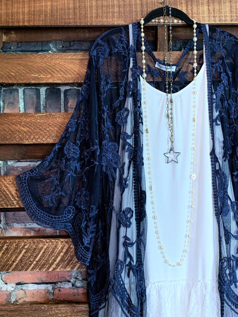 WON MY HEART NAVY BLUE LACE CARDIGAN DUSTER KIMONO