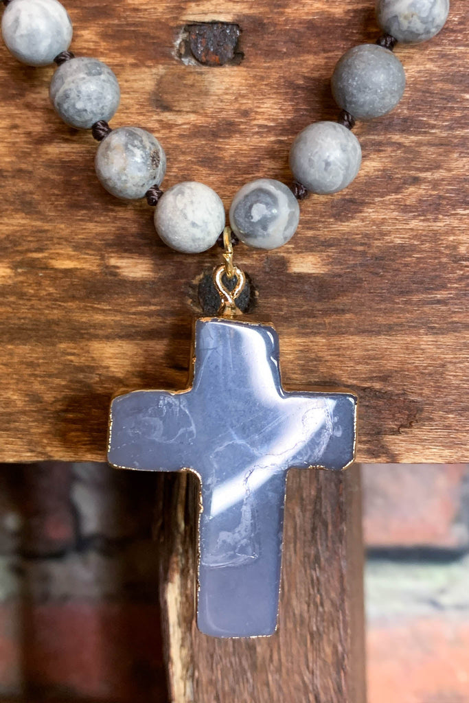 Light Of My Life Gray Cross Necklace Natural Stone