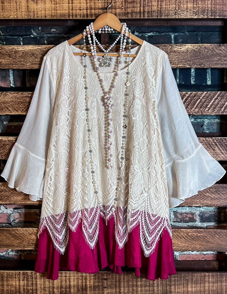 ABSOLUTELY UNFORGETTABLE FAB LACE TUNIC IN BEIGE & CRIMSON