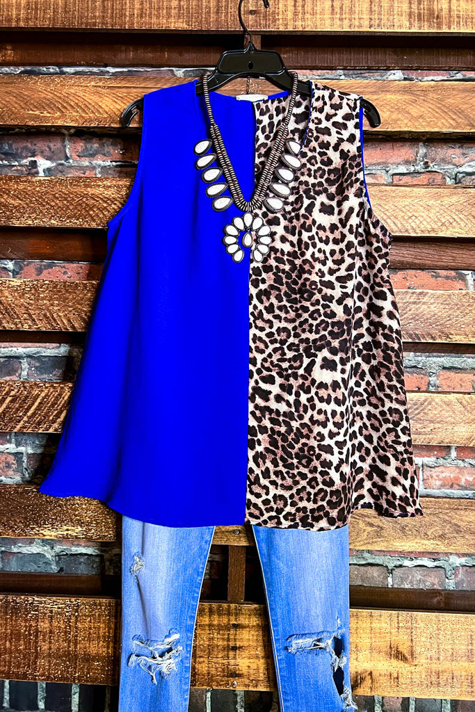 14-22 SIZE - DREAMS OF YOU ROYAL BLUE & LEOPARD PRINT TOP -------- SALE