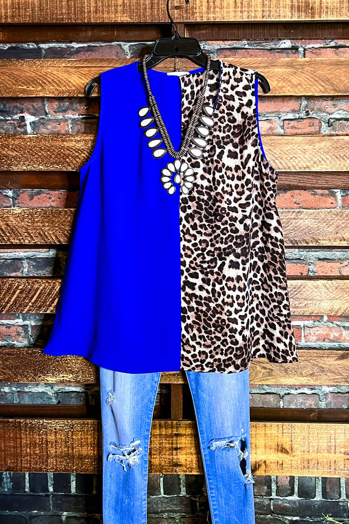 14-22 SIZE - DREAMS OF YOU ROYAL BLUE & LEOPARD PRINT TOP -------- SALE