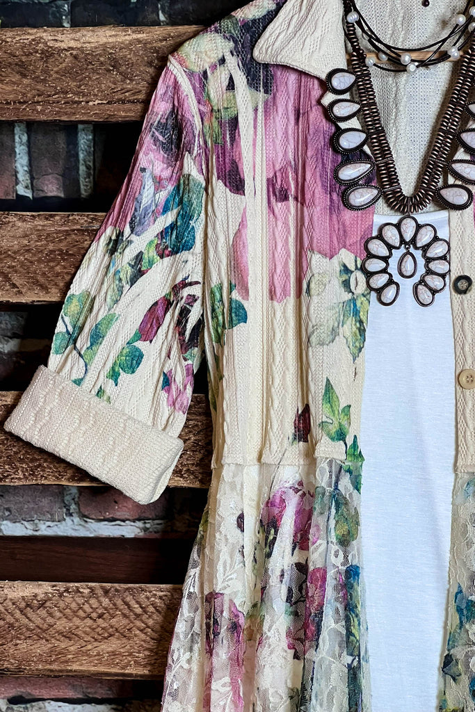 MAGNOLIA BLOSSOM LACE JACKET CARDIGAN IN BEIGE & MULTI-COLOR
